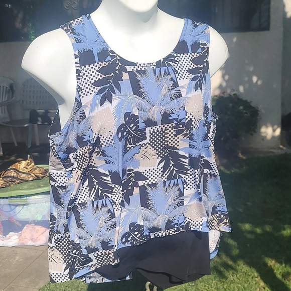 CHRISTOPHER & Banks xl double layer tank top black white blue leaves polka dots - Picture 1 of 6